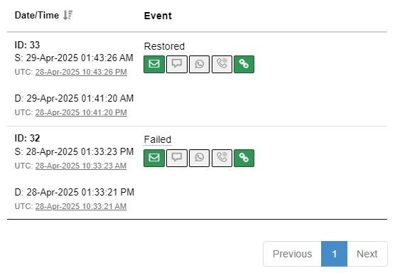 Captura de pantalla del panel de iSocket mostrando registros de cortes y restauraciones de electricidad
